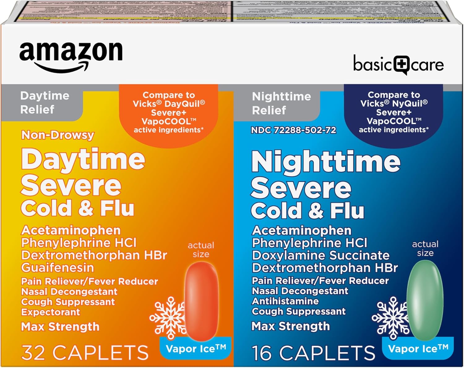 Amazon Basic Care Vapor Ice 낮과 밤용 심한 감기 및 독감 완화 캡렛 (48개입)