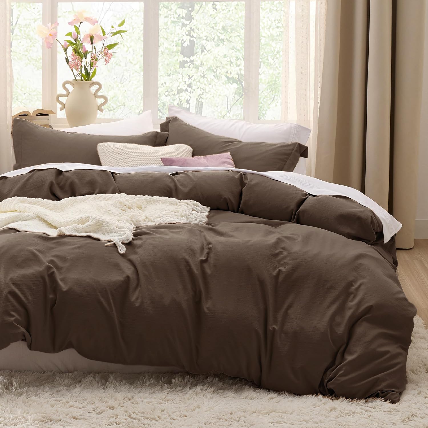 Bedsure 프리워시 퀸 사이즈 듀베 커버, 면 느낌 침구 세트, 브라운