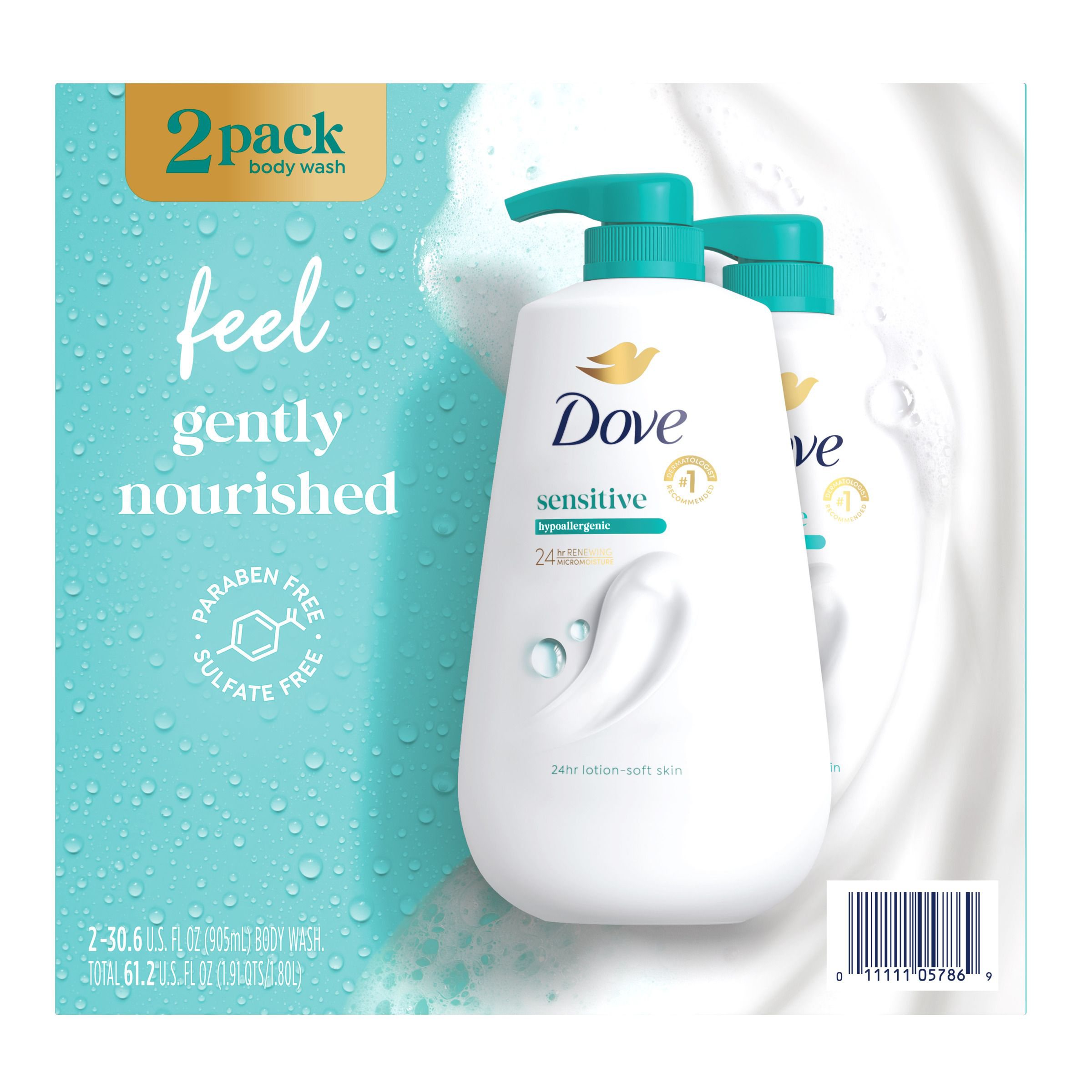 Dove 민감성 피부용 바디 워시 펌프형, 30.6 fl. oz., 2개입