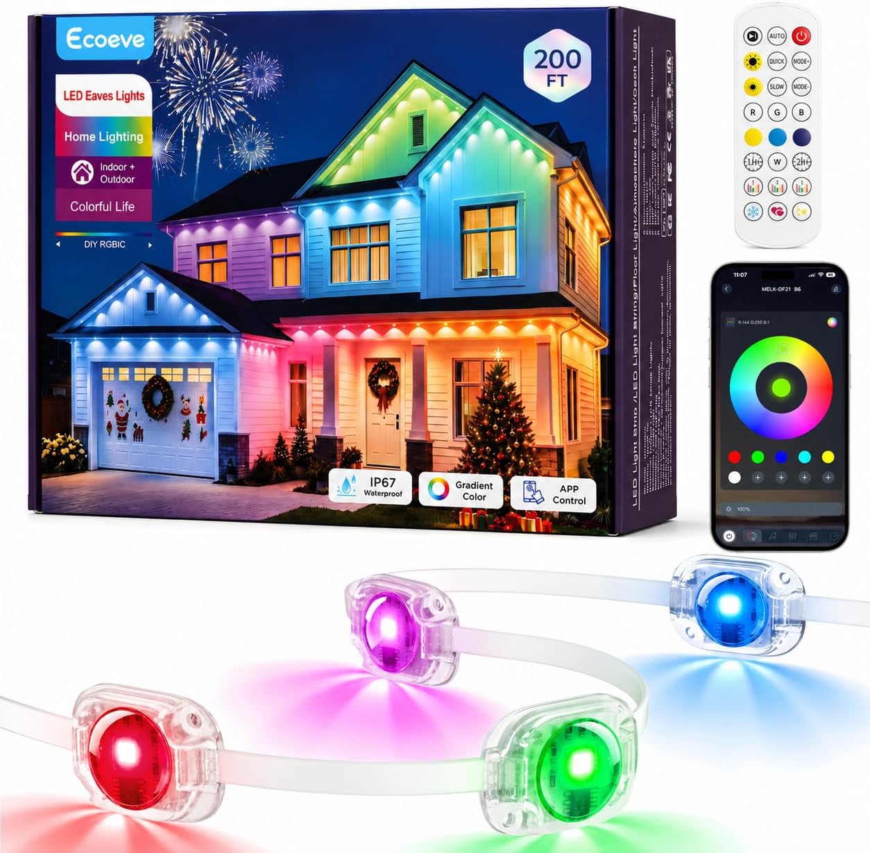 Ecoeve Permanent Outdoor Lights 200ft RGB+IC LED 조명