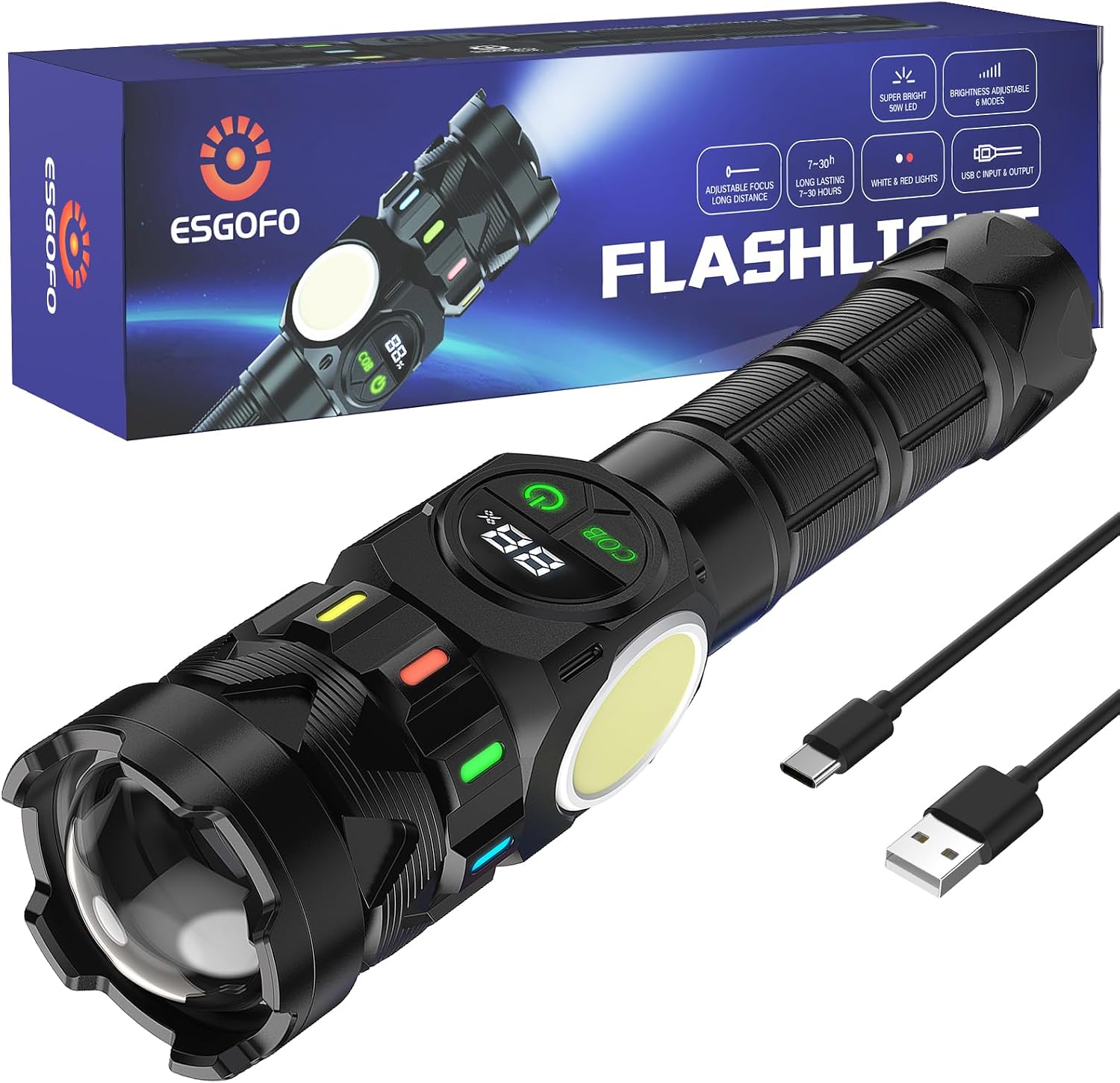 Esgofo 100000루멘 6모드 USB 충전식 플래시라이트