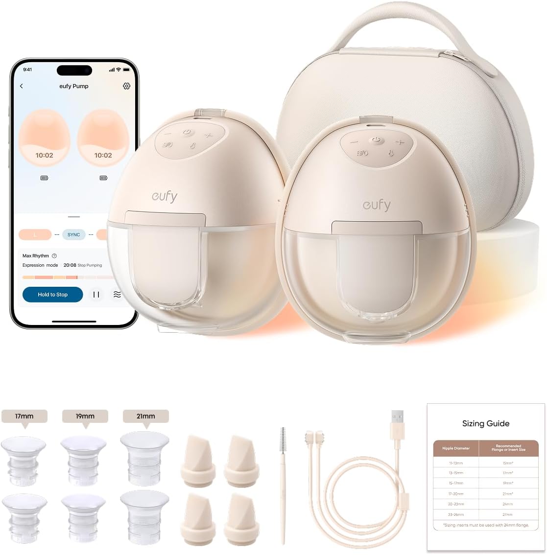 eufy Heated Wearable Breast Pump S1 Pro, 충전 케이스, 핸즈프리 | HeatFlow, 5일 배터리, 앱 DIY 리듬, 강력한 300mmHg, 출력 30% 증가, 46dB 저소음, BPA 프리