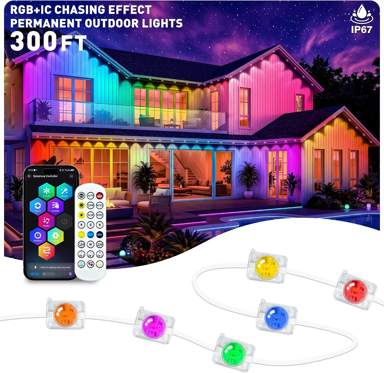 CINSGAG 300FT RGB+IC 스마트 실외용 LED 조명