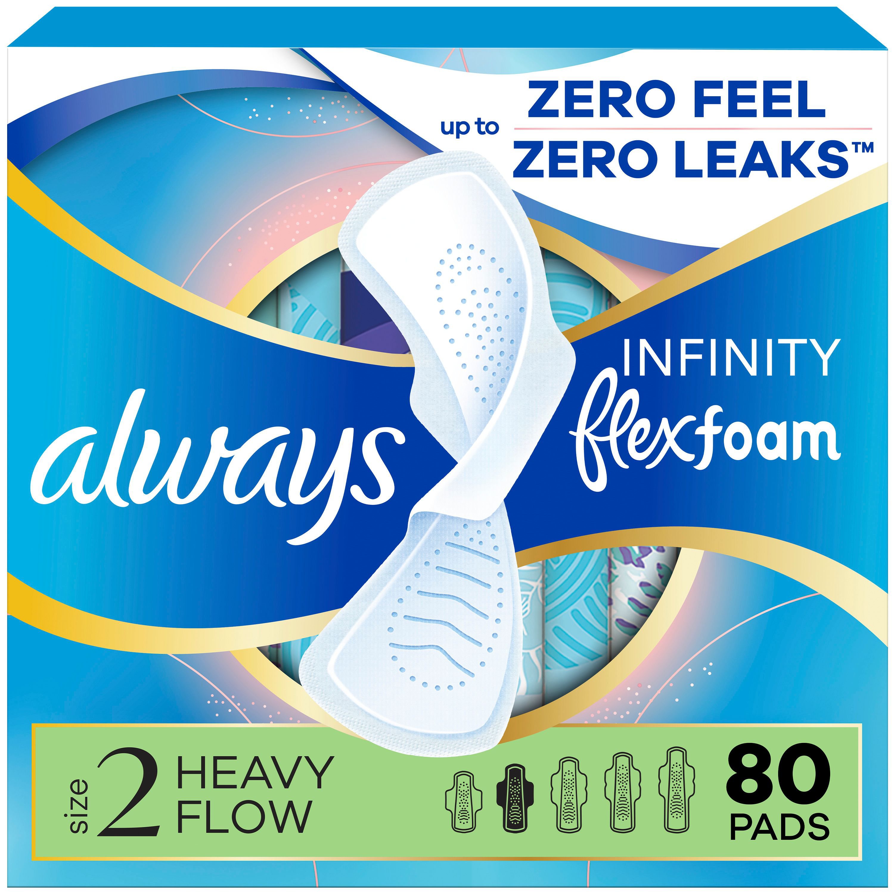 Always Infinity FlexFoam 헤비 플로우 패드 (Flexi-Wings 포함, 무향, 사이즈 2, 80개입)