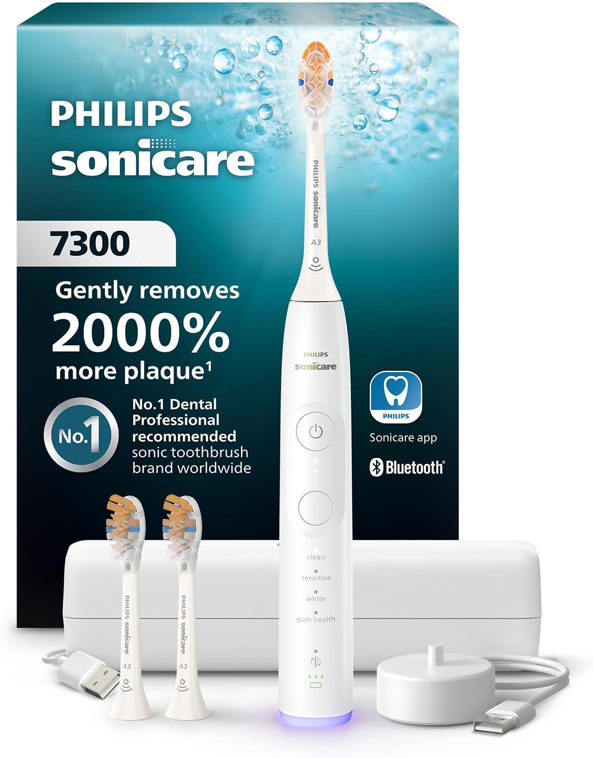 Philips Sonicare 7300 충전식 전동 칫솔, 3개 브러시 헤드, 화이트
