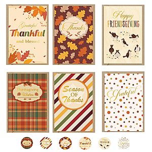 Thboxes 4x6 추수감사절 인사 카드 36팩 (봉투 및 스티커 포함, 6가지 디자인)