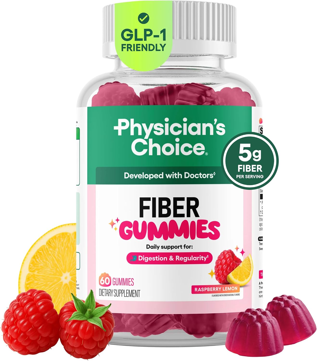Physician's CHOICE GLP-1 지원을 위한 식이섬유 구미 - 설탕 무첨가 & 비건 - 라즈베리 레몬 - 천연 치커리 루트 프리바이오틱 프리미엄 식이섬유 구미 - 소화 건강 및 규칙성을 위한 남녀 공용 - 60개입