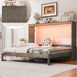 Harper & Bright Designs Brown Wood Frame 풀 사이즈 Murphy Bed Cabinet Bed (7가지 LED 조명 포함)