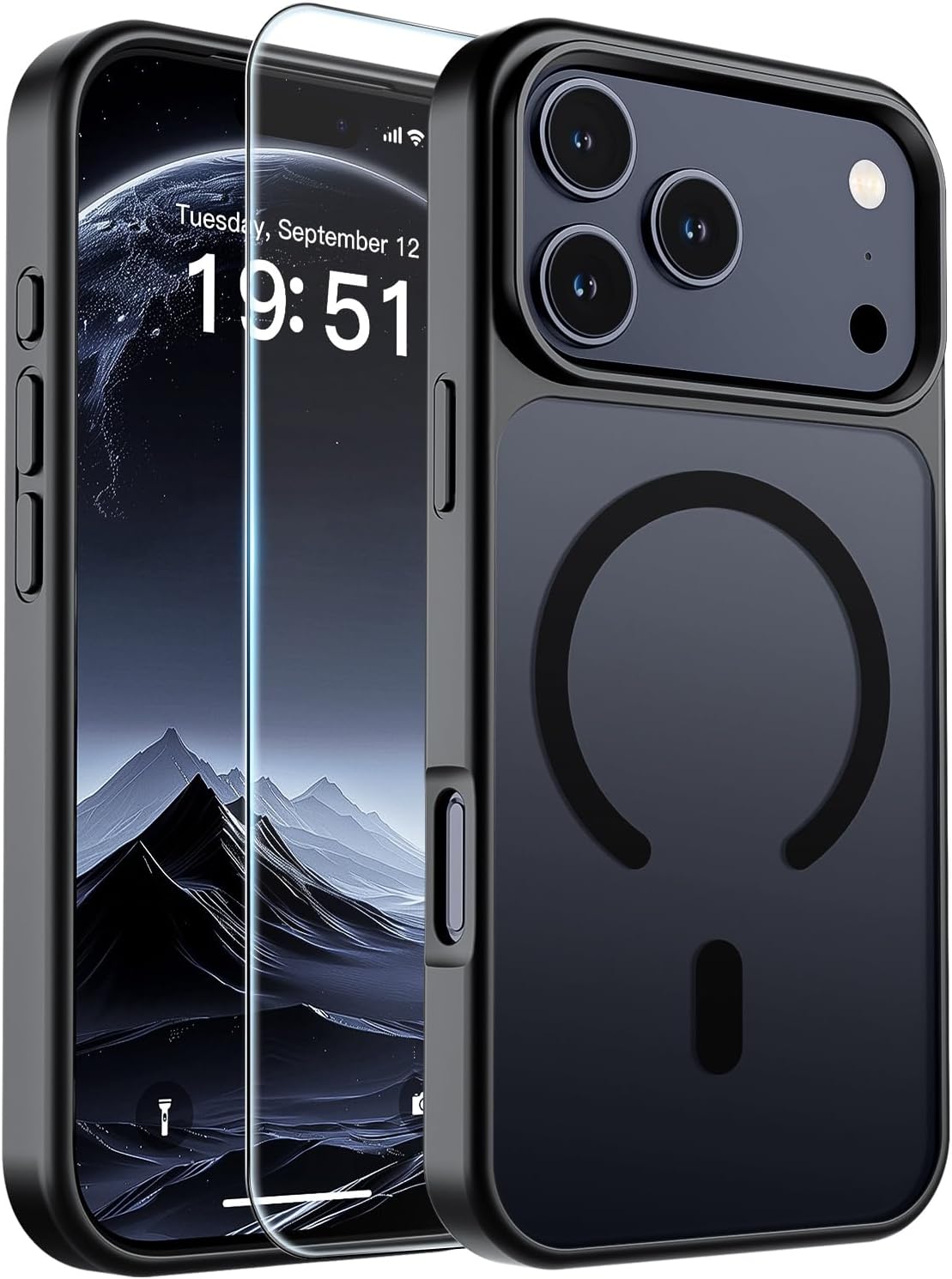 SUPFINE Magnetic iPhone 18 Pro / 17 Pro 케이스 블랙 | 화면 보호 필름 포함, 반투명 매트, MagSafe 호환, 밀리터리 등급 낙하 방지, 견고한 충격 방지