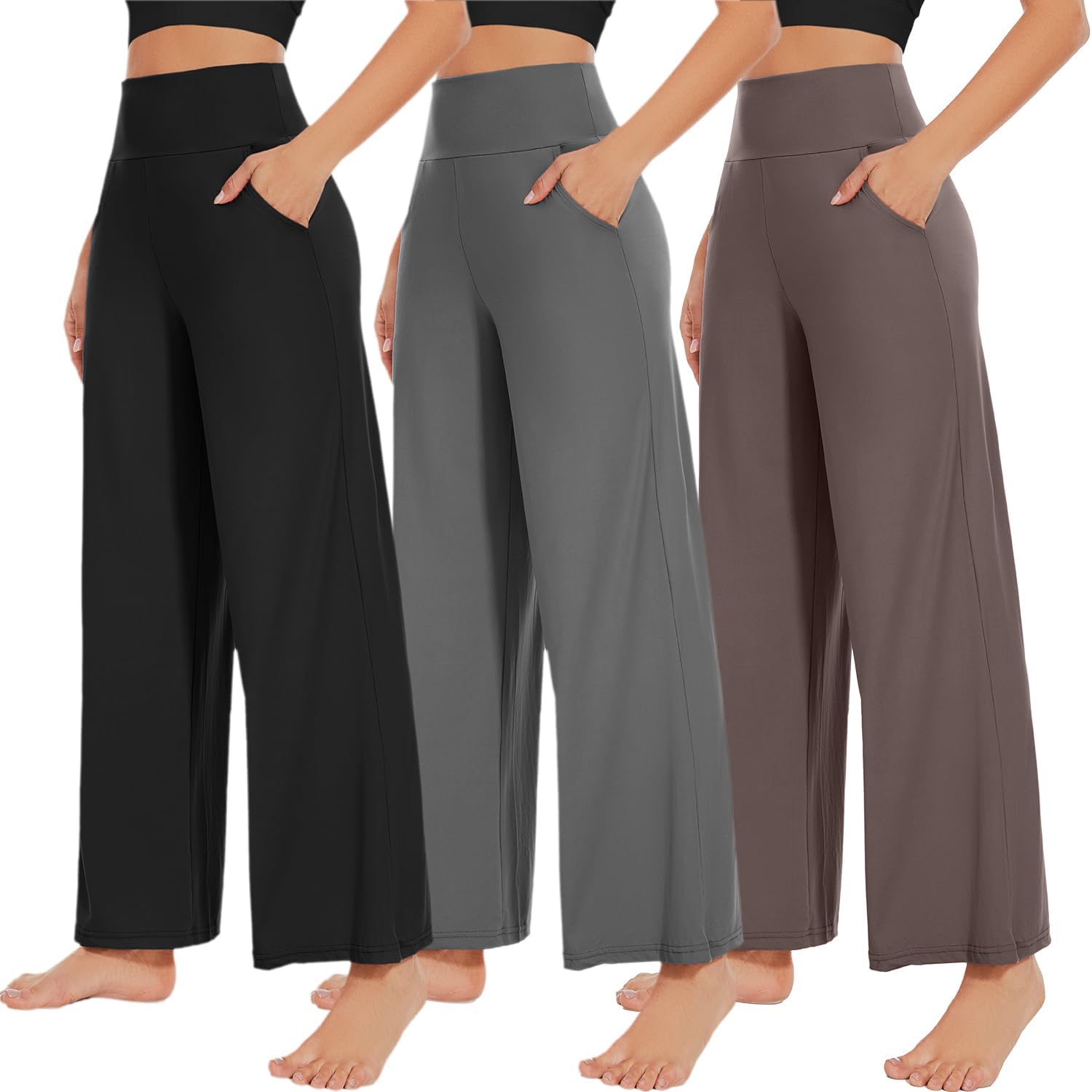 3 Pack Wide Leg Pants 여성용 포켓 포함 하이 웨이스트 요가 스웨트팬츠