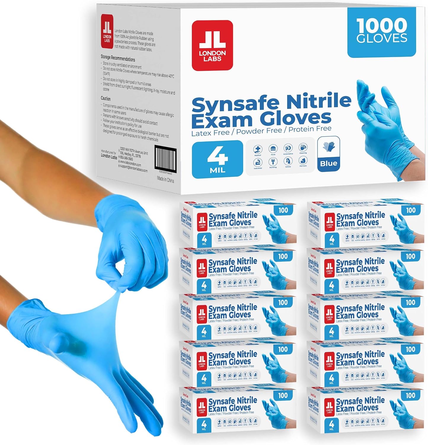 London Labs Synsafe 4 Mil -Blue Nitrile Exam Gloves (일회용, 라텍스 프리, 파우더 프리)