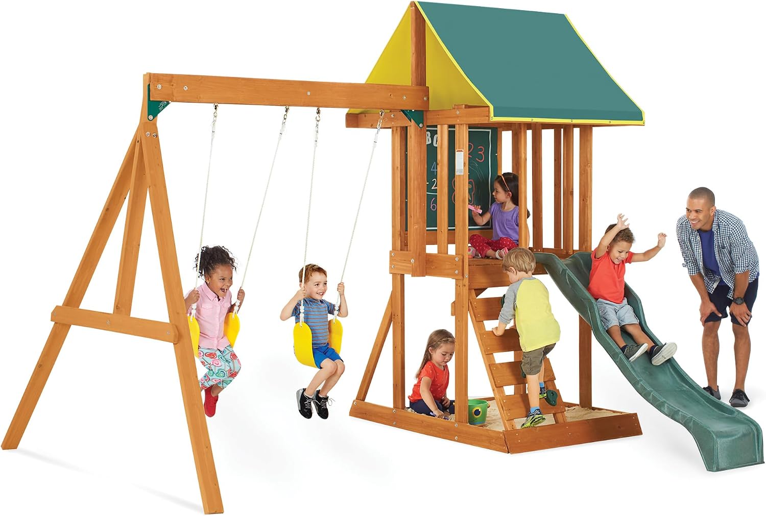 KidKraft Appleton 나무 그네 세트 (Amazon 독점) | 바위 벽, 물결 모양 슬라이드, 비닐 캐노피, 2개 그네, 모래 놀이 구역, 3세 이상용