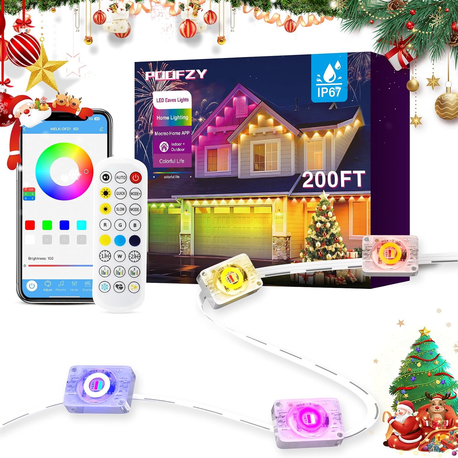 Poofzy 200ft RGB+IC 스마트 영구 실외 LED 조명