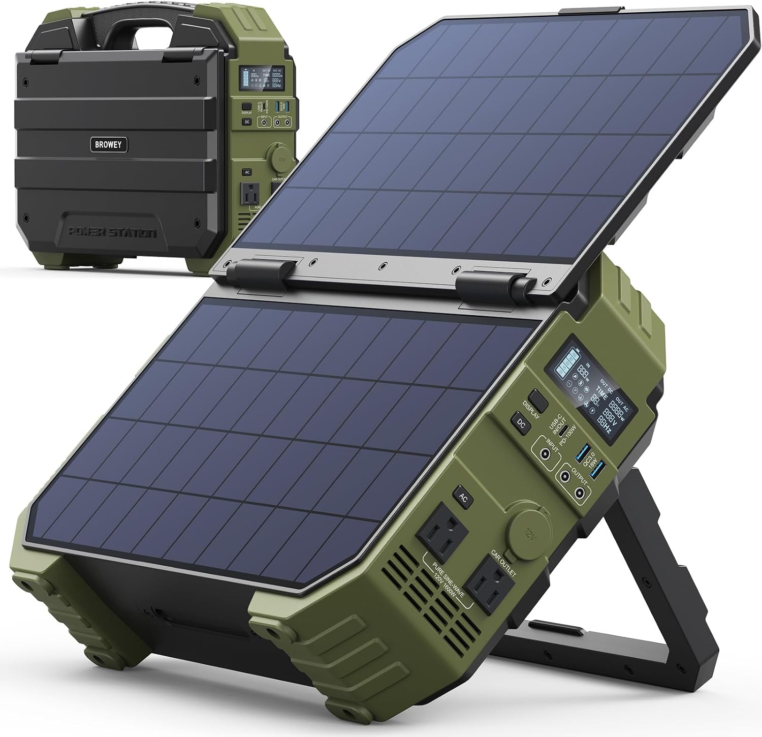 BROWEY 1600W (3200W Peak) 내장형 태양광 패널 포함 휴대용 파워 스테이션