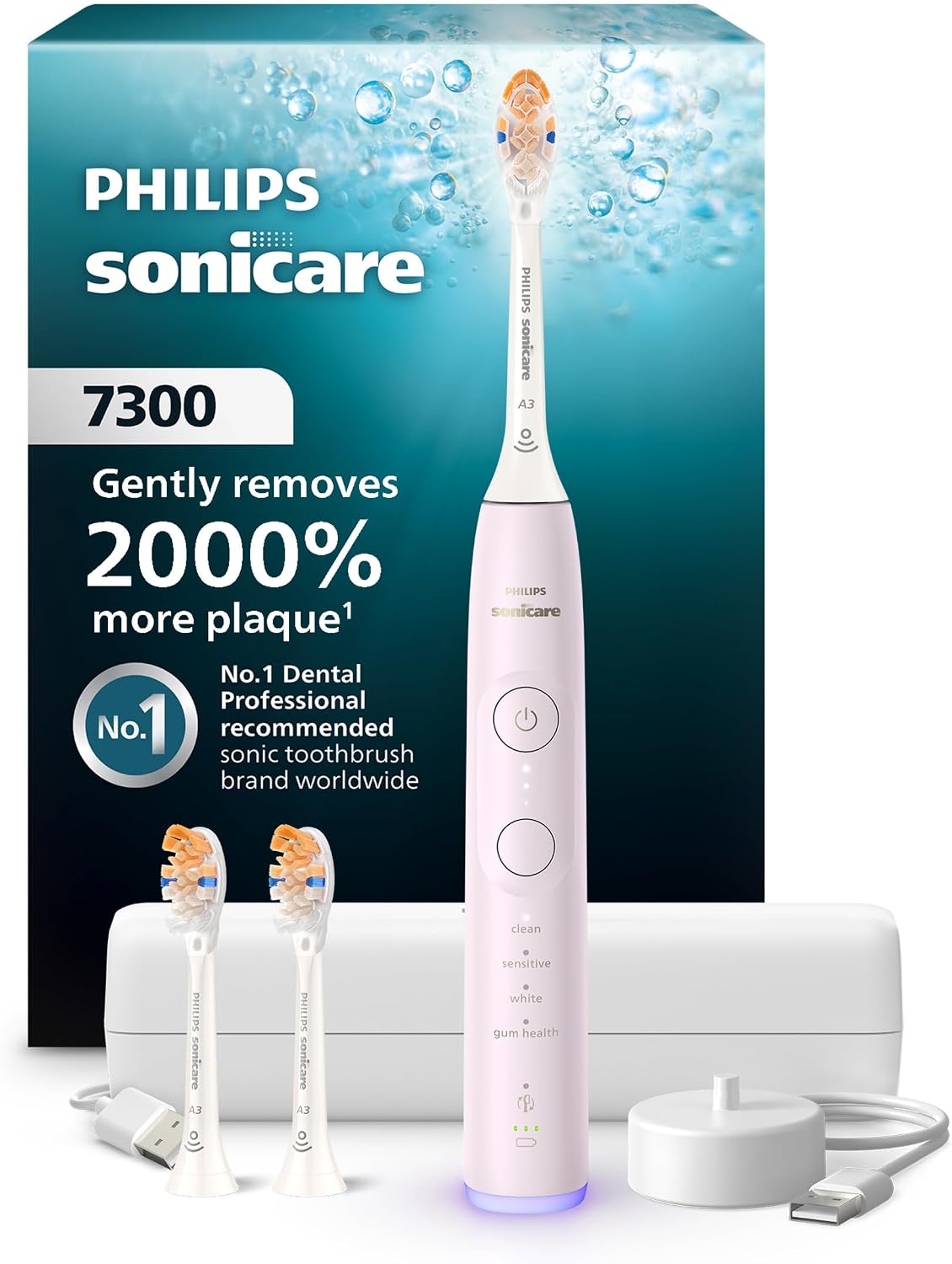 Philips Sonicare 7300 충전식 전동 칫솔, 3개 브러시 헤드, 핑크