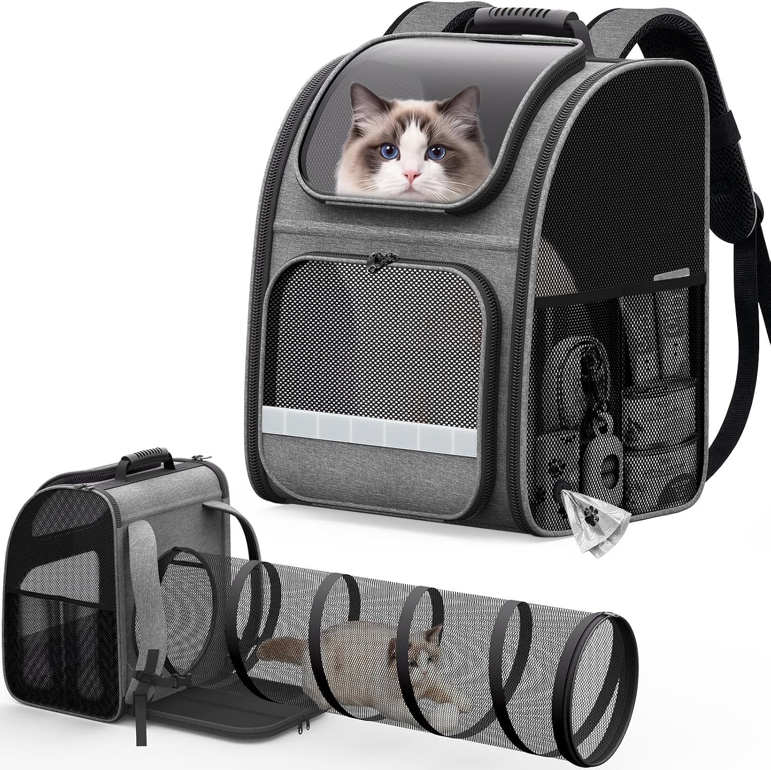 Pawtners 확장형 놀이 터널 포함 고양이 백팩 캐리어 (Gray)
