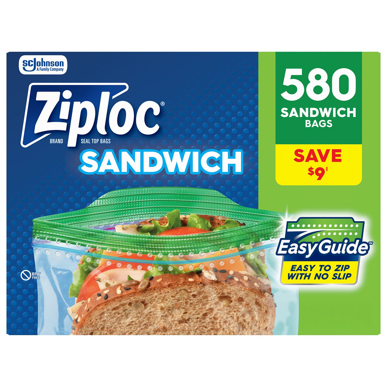 Ziploc 브랜드 샌드위치 백 (EasyGuide Texture, Grip ’n Seal 기술 포함, 580개입)