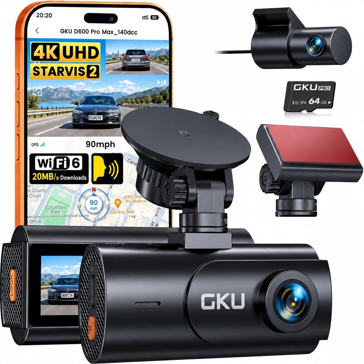GKU 4K 전방 및 1080P 후방 듀얼 대시 캠 (Sony STARVIS 2 센서 및 64GB 카드 포함)