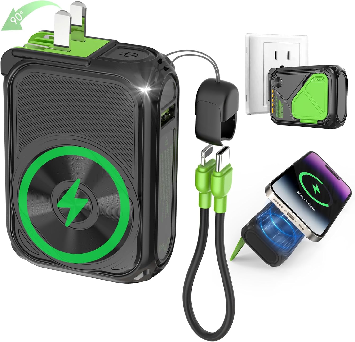 Seancheer P05 10,000mAh 22.5W 충전용 휴대용 보조배터리 (내장 케이블 및 벽면 플러그 포함)