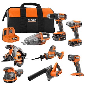RIDGID 18V 8-Tool Combo Kit (2Ah 및 4Ah 배터리, 충전기, 도구 가방 포함)