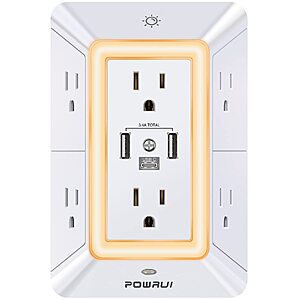 POWRUI 1680J 6구 벽면 확장기 (야간 조명 및 3개 USB 포트 포함)