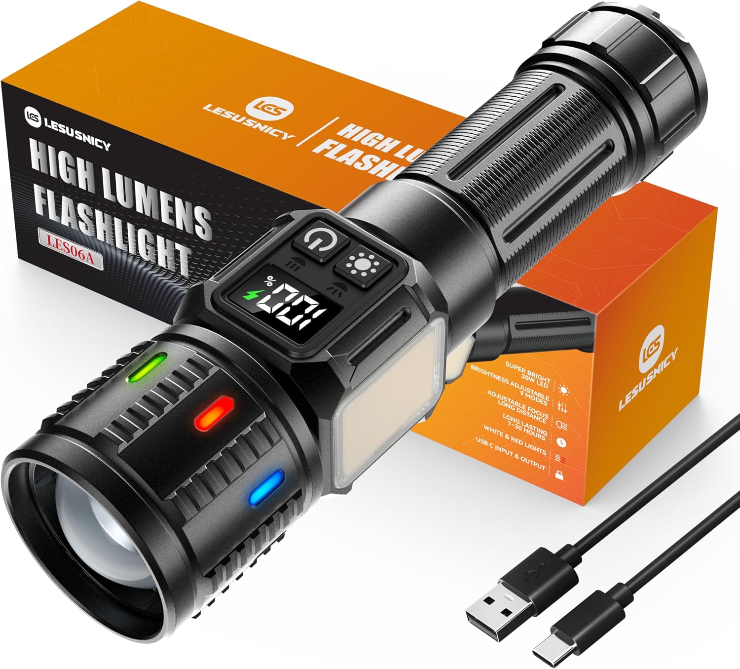 lesusnicy 30W 100,000lm COB LED 9-Mode USB-C 충전식 손전등