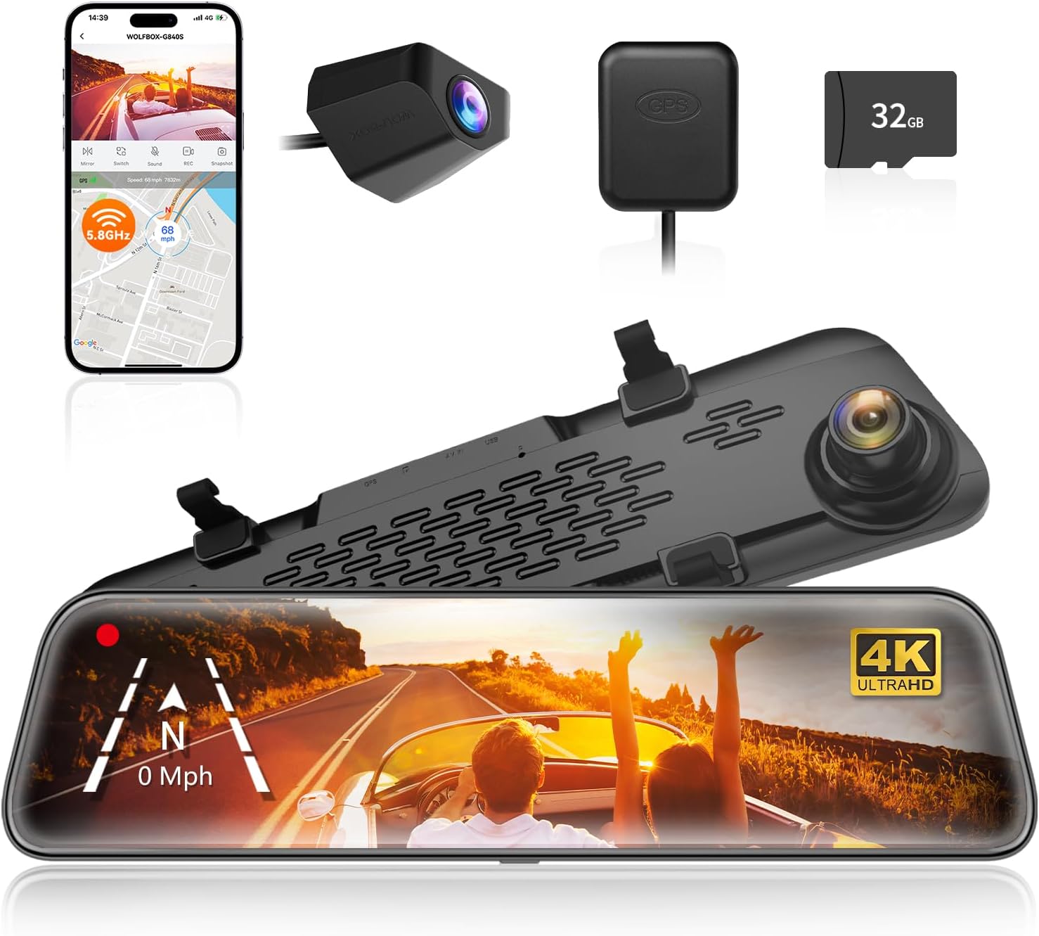 WOLFBOX G840S 12인치 4K 미러 대시 캠 및 후방 카메라