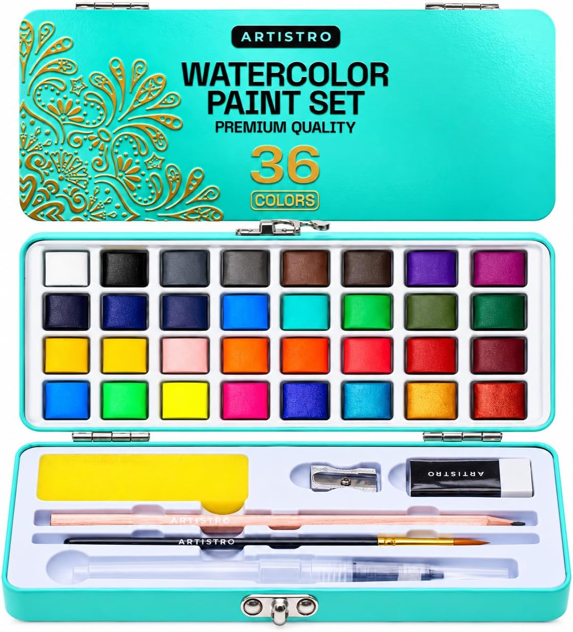 ARTISTRO 36-Color Watercolor Paint Set w/ Brush Pens